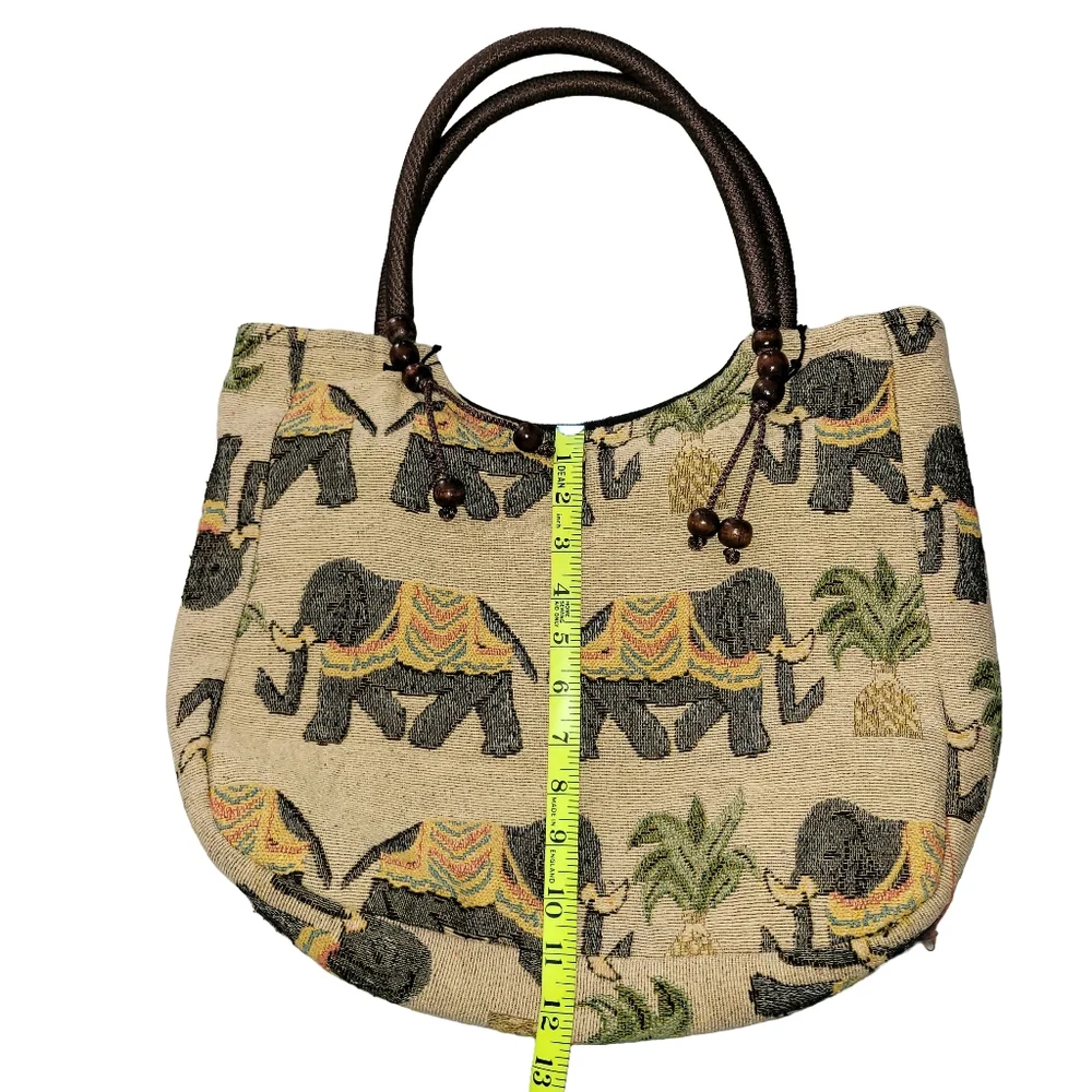 Boho Elephant Tapestry Tote Bag - Woven Shoulder Bag Rope Handles & Bead Tassels